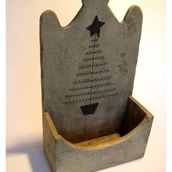 Primitive Hanging Wood Box Feather Tree Design - Picture 5 of 8